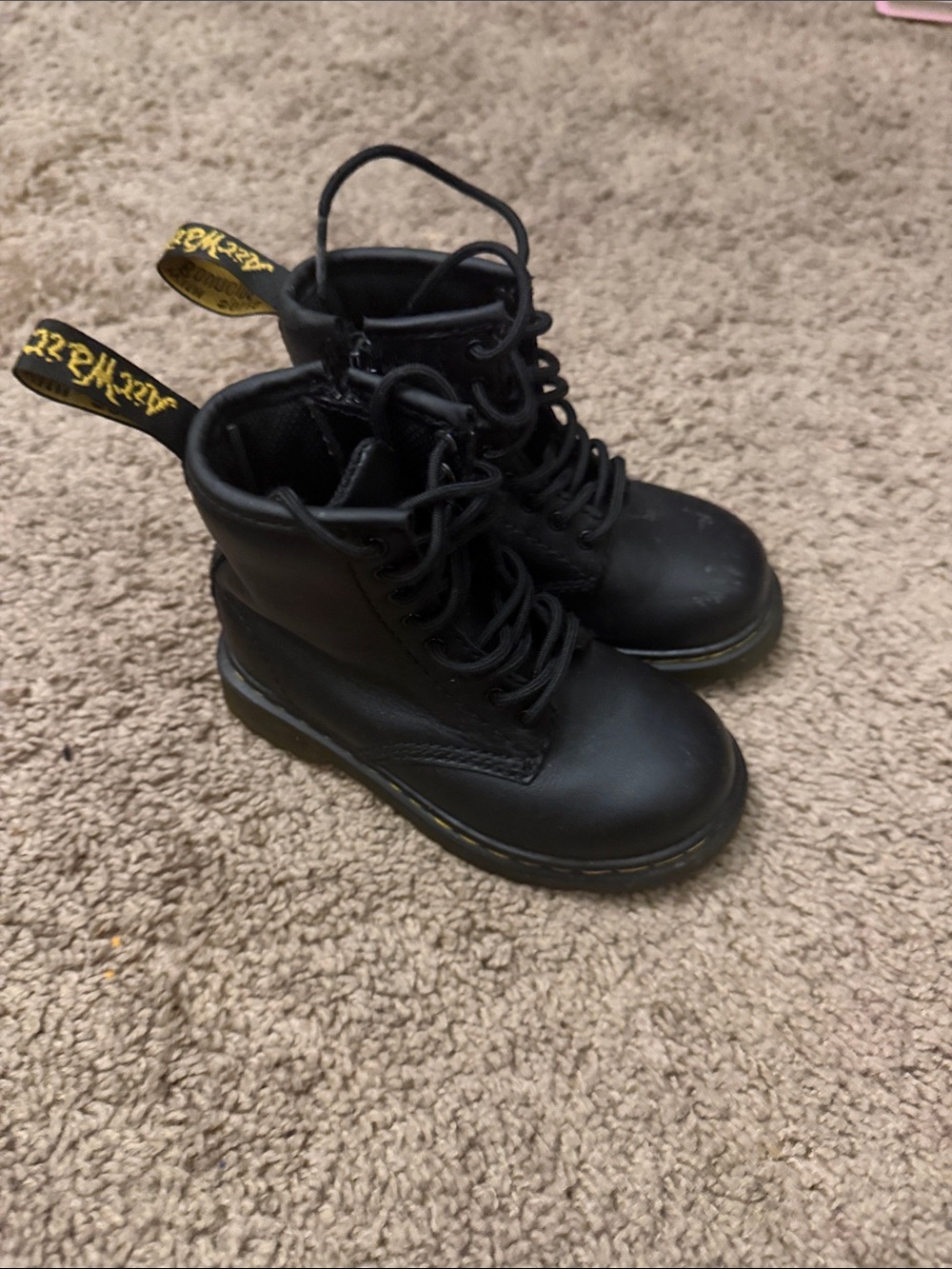 Dr. Martens Black Kids Lace-Up Combat Boots with Yellow Pull Tab